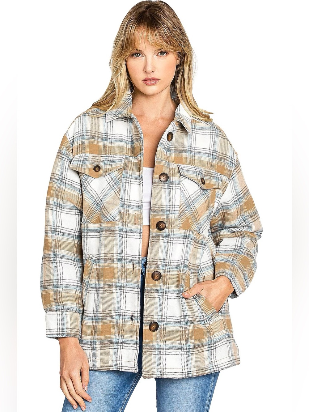 Love Tree Women's Oversize Sherpa Lined Plaid Flannel Shirt Jacket